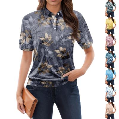 Camiseta informal con botones decorativos y manga corta con cuello en V y estampado floral para mujer