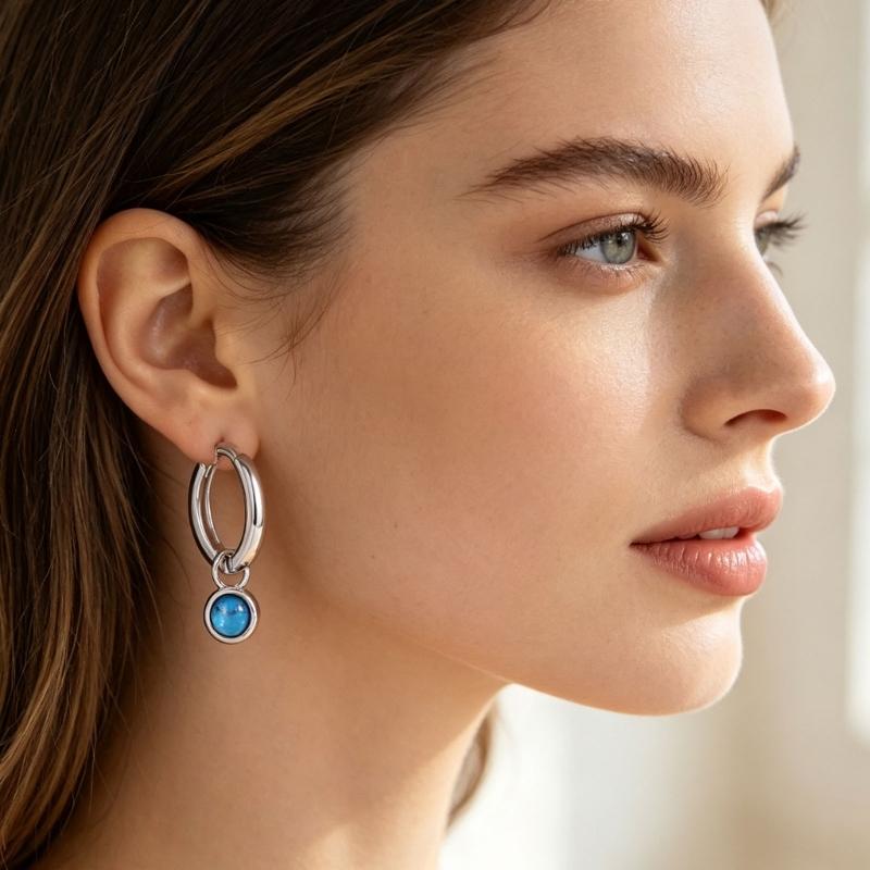 Silver-Tone Dangle Earrings with Visible Blue Veining, Electroplated Copper Hoops and Hinged Openings for Coordinated Everyday Outfit Wear