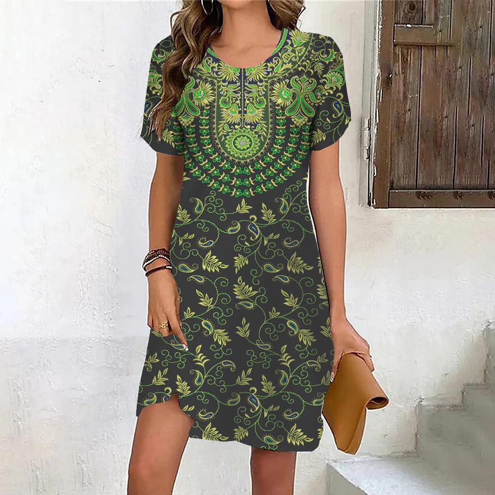 Lässig Elegant Ethnischer Stil Retro 3D-Druck Rundhals Kleid Sommer Damenkleid Kurzarm