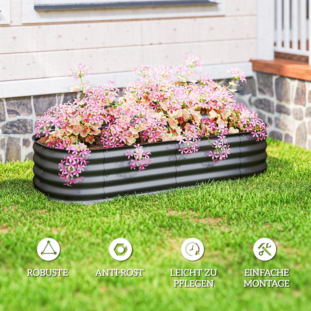 Galvanised Raised Garden Bed, Metal Planter Box with Safety Edging, for Flowers, Herbs, Succulents, Dark Grey