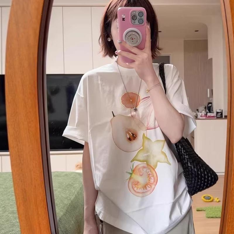 American heavy cotton apple simple short-sleeved women s new white fruit pattern printed t-shirt loose top S