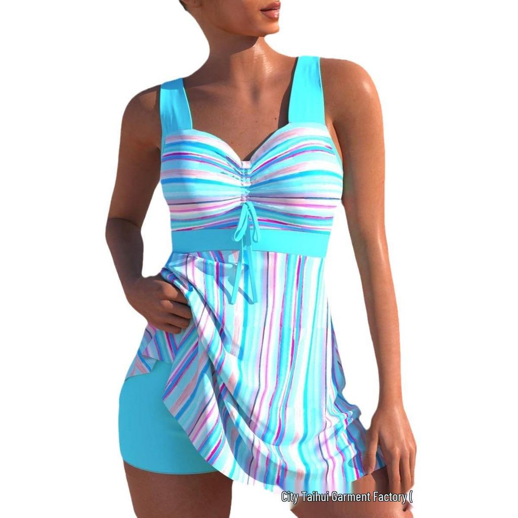 2025 Women's High Waist Tankini: Striped Print Two-Piece Skirt Swimsuit