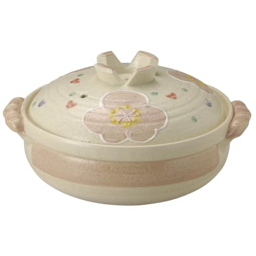 Banko Ware Earthenware Pot (Deep Pot) No. 8, Serves 3-4, Pink Flower Pattern, 13696