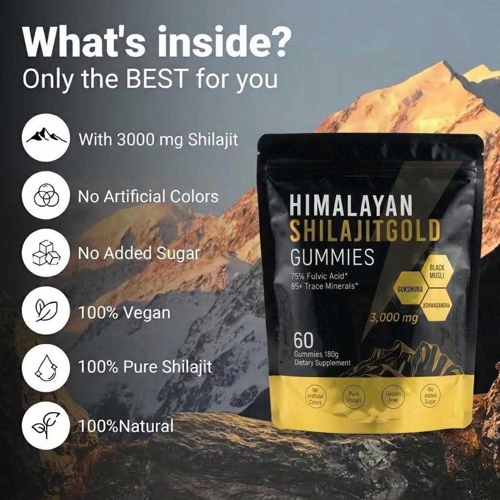 Advanced Shilajit Resin Gummies (60 Count) – 3,000mg Potency with Ashwagandha & Ginseng – Pure Fulvic Acid & Trace Minerals, Gelatin-Free