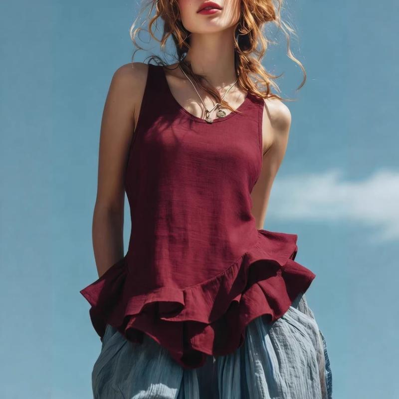 Women's Ruffle Hem Tank Top Casual Sleeveless Blouse Loose Linen-Like Camisole Summer Irregular Hem Vest Tops Multiple Colors