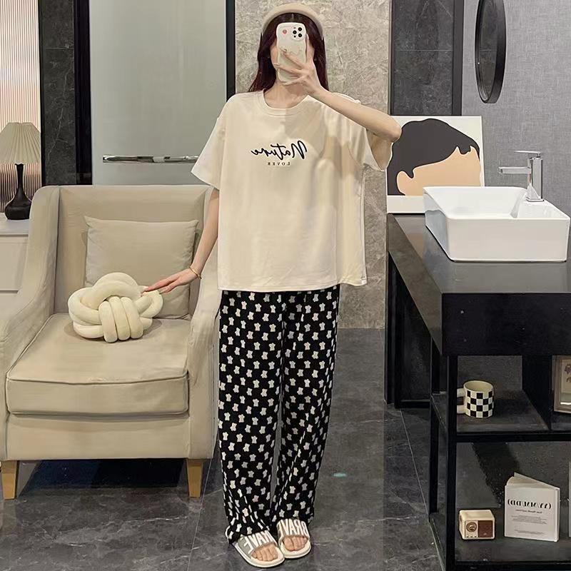Short-sleeved long pants pajamas women's summer cartoon cute can be worn outside plaid loungewear imitation cotton suit summer thin