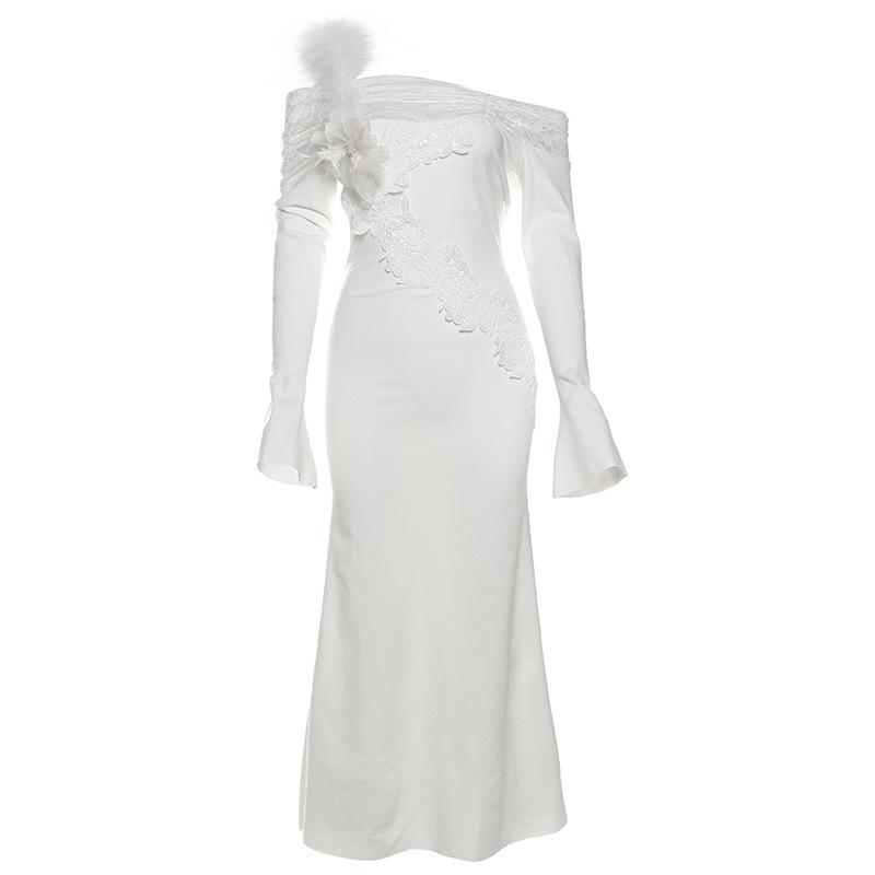 

Осенне-зимнее женское однотонное облегающее платье с высокой талией, однотонным воротником и длинными рукавами L белый