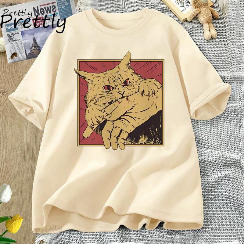 Vintage Cat Bite T Shirt Japanese Horror Retro Graphic Tee Horror Cats Crazy T Shirts Men Women Fashion Short Sleeve Tees