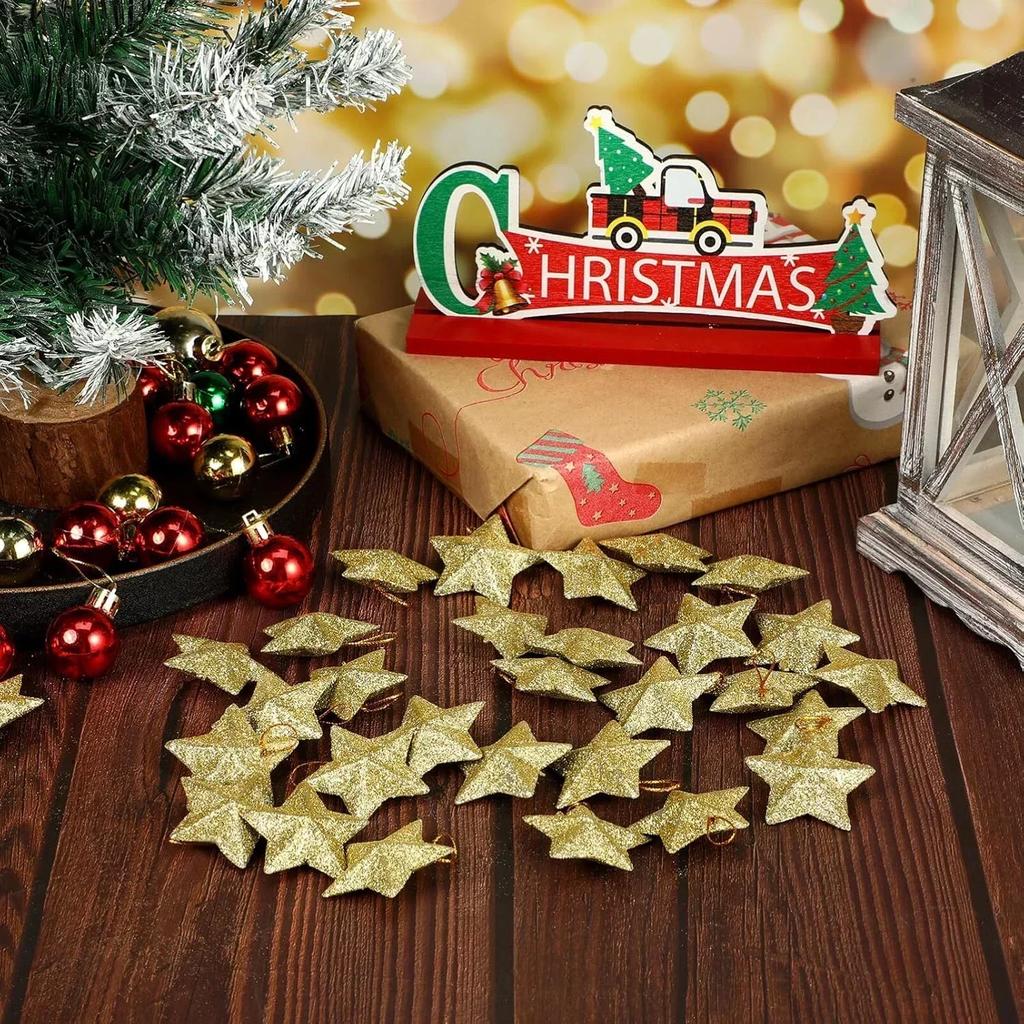24pcs Gold Glitter Star Ornaments Christmas Tree Hanging Pendant 2024 Christmas Decorations for Home Navidad New Year Party