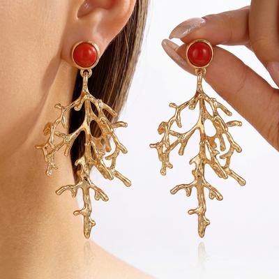 Boho Gold Coral Branch Earrings for Women Elegant 3D Textured Red Accents Dangle Earrings Summer Artistic Jewelry Gift