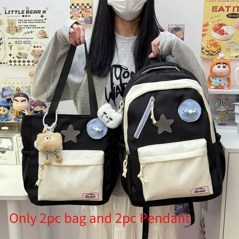 Cute Color Blocked Star Collage Student Backpack And Shoulder Bag Pendant With