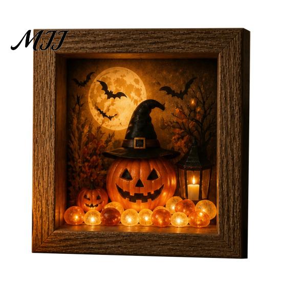 Desktop Mantel Decor Halloween Shadow Box Frame DIY Lighted Craft Kit, Wooden Night Light with Kit for Adults Sea Glass Stones, Gothic LED Memory