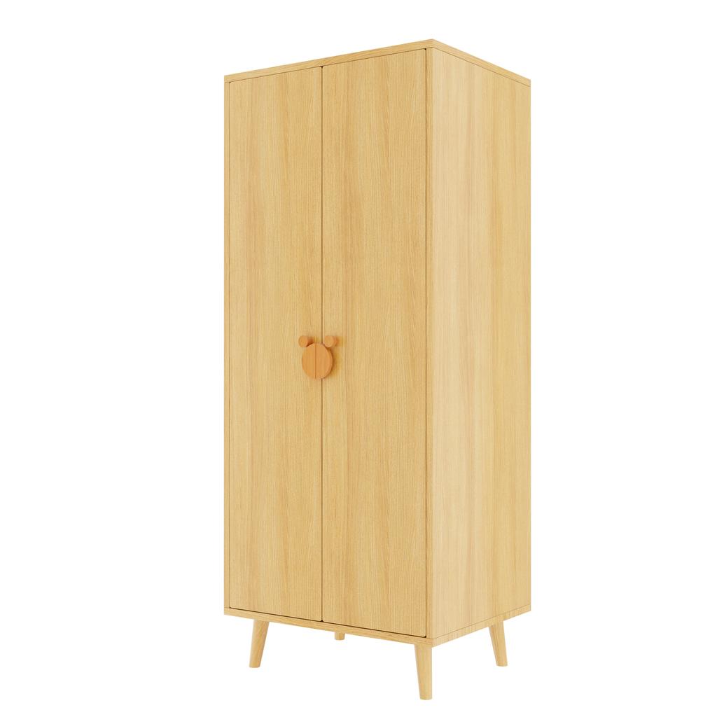 Kleiderschrank (Einzelstück 70 × 55 × 170 cm), Doppeltürdesign mit großen Staufächern, griffförmige Cartoon-Griffe und erhöhte Füße, Holzfarbe