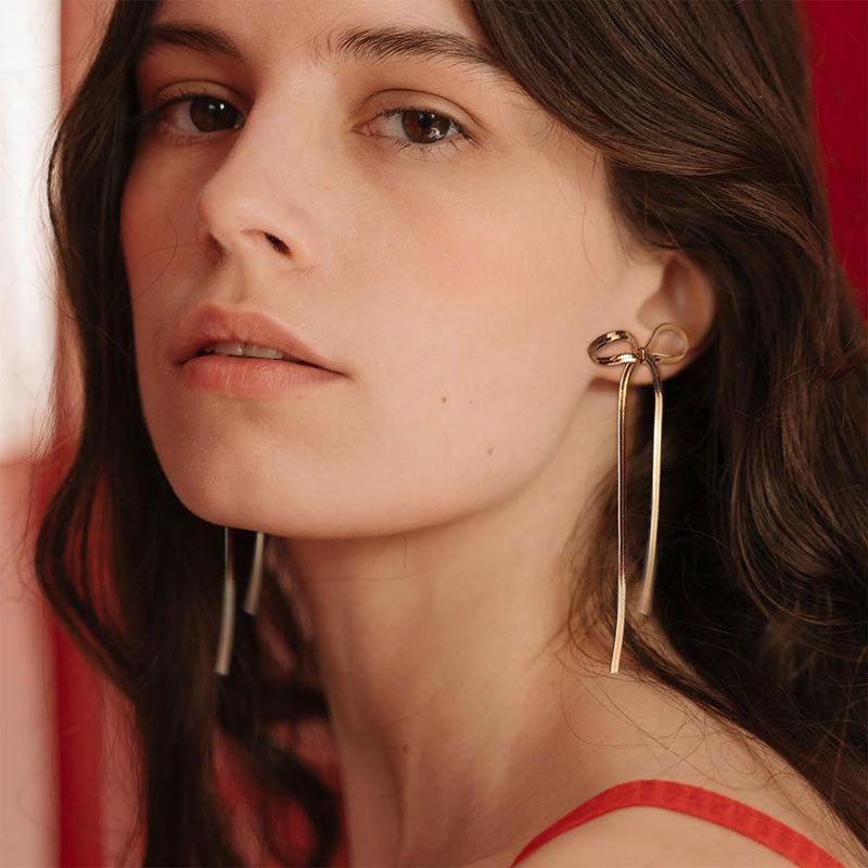 Statement Ribbon Fringe Waterfall Dangling Earrings Stainless Steel Long Chain Bow Dangle Drop Tassel Earrings for Women