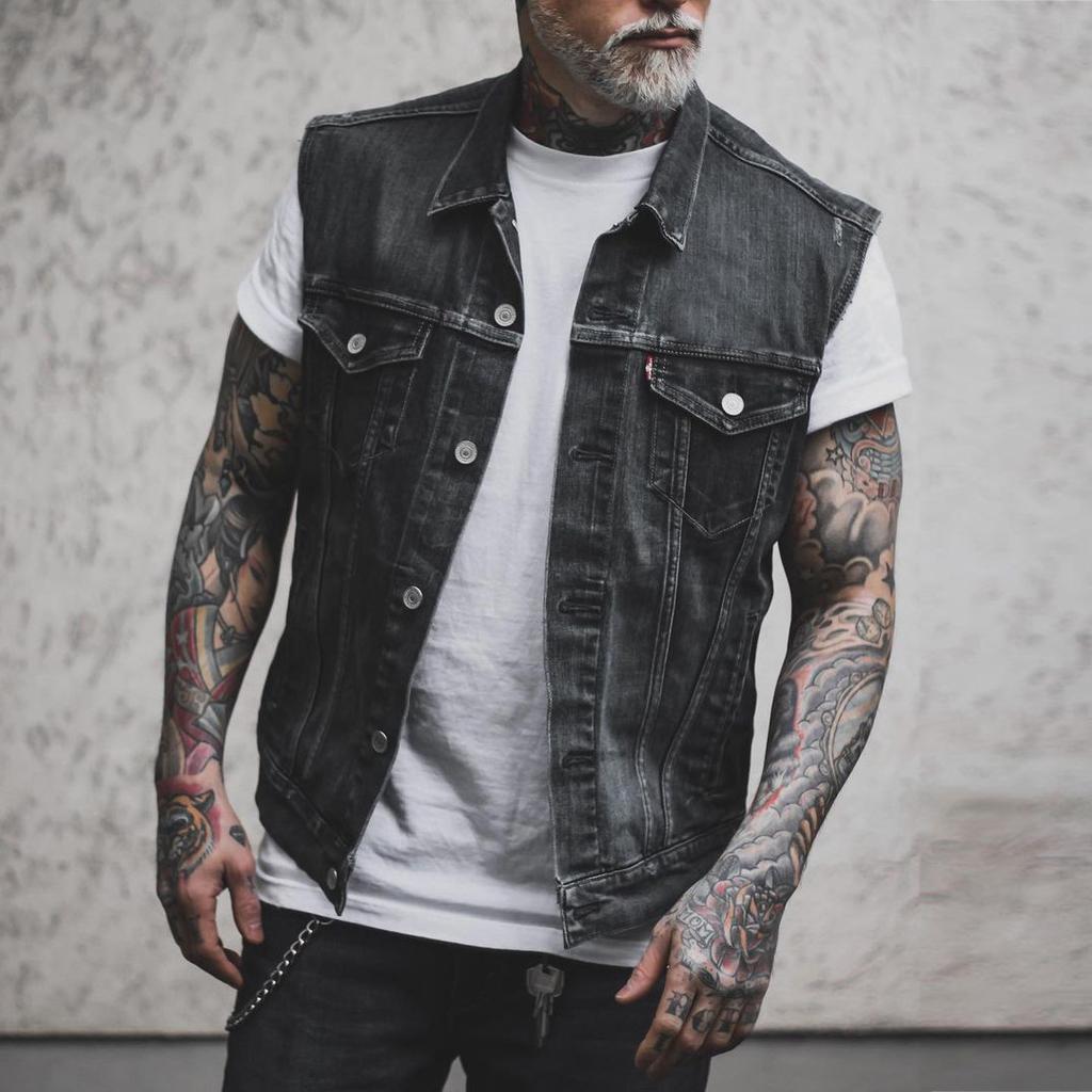 Men's Dark Denim Vest with Viking Warrior Print, Celtic Knot and Raven Design, Sleeveless Jacket for Casual Wear