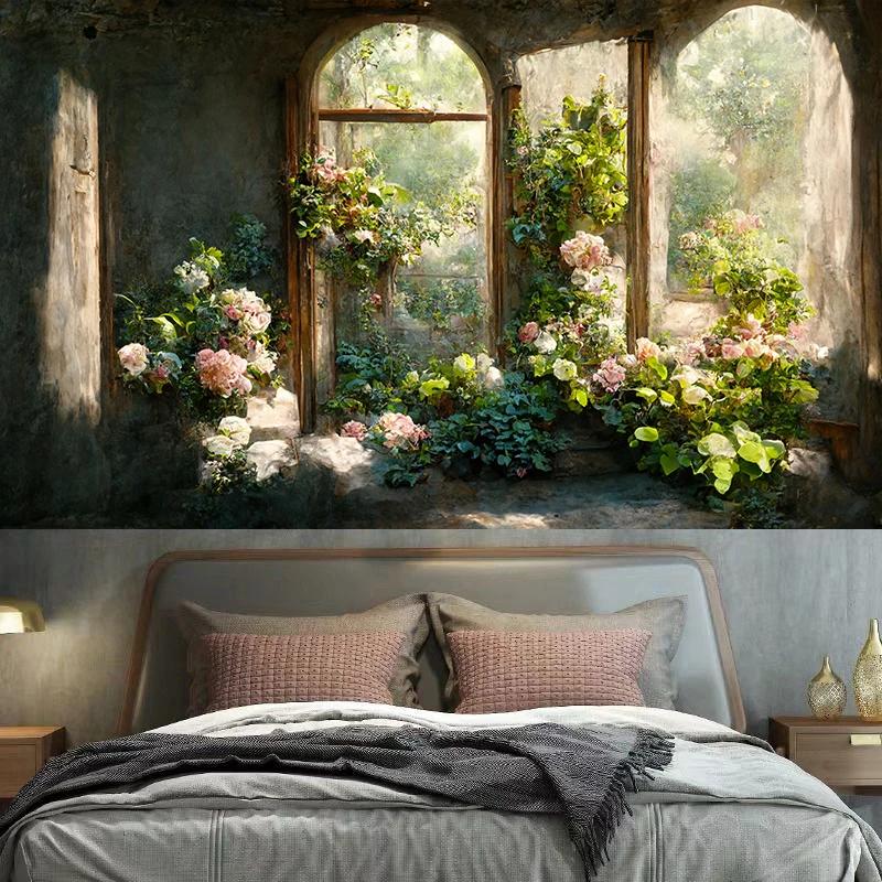 Vintage Garden Window Sill Floral Tapestry Wall Art Decoration Background Cloth Room Aesthetic  Home