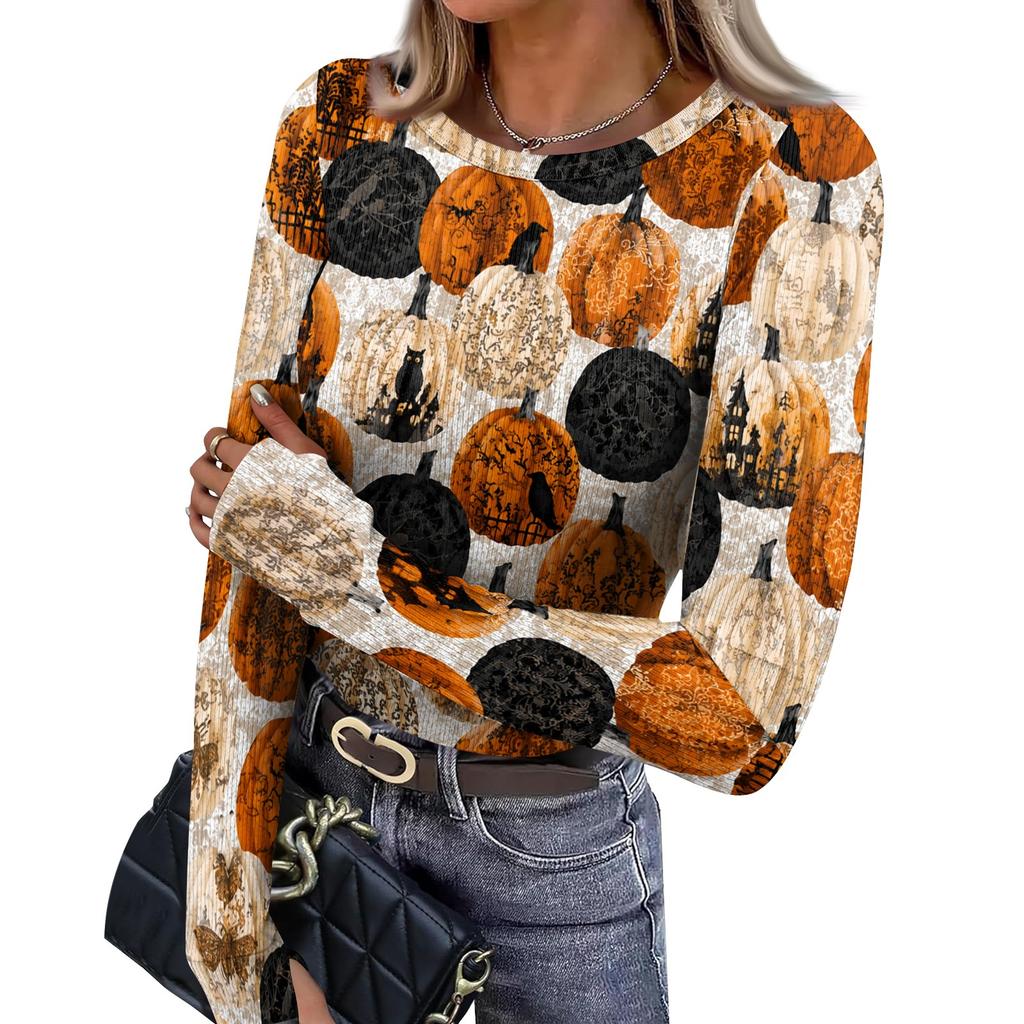 Women's Slim Fit Long Sleeve Halloween Printed T-Shirt with Thumb Holes Neck Pullover Base Layer