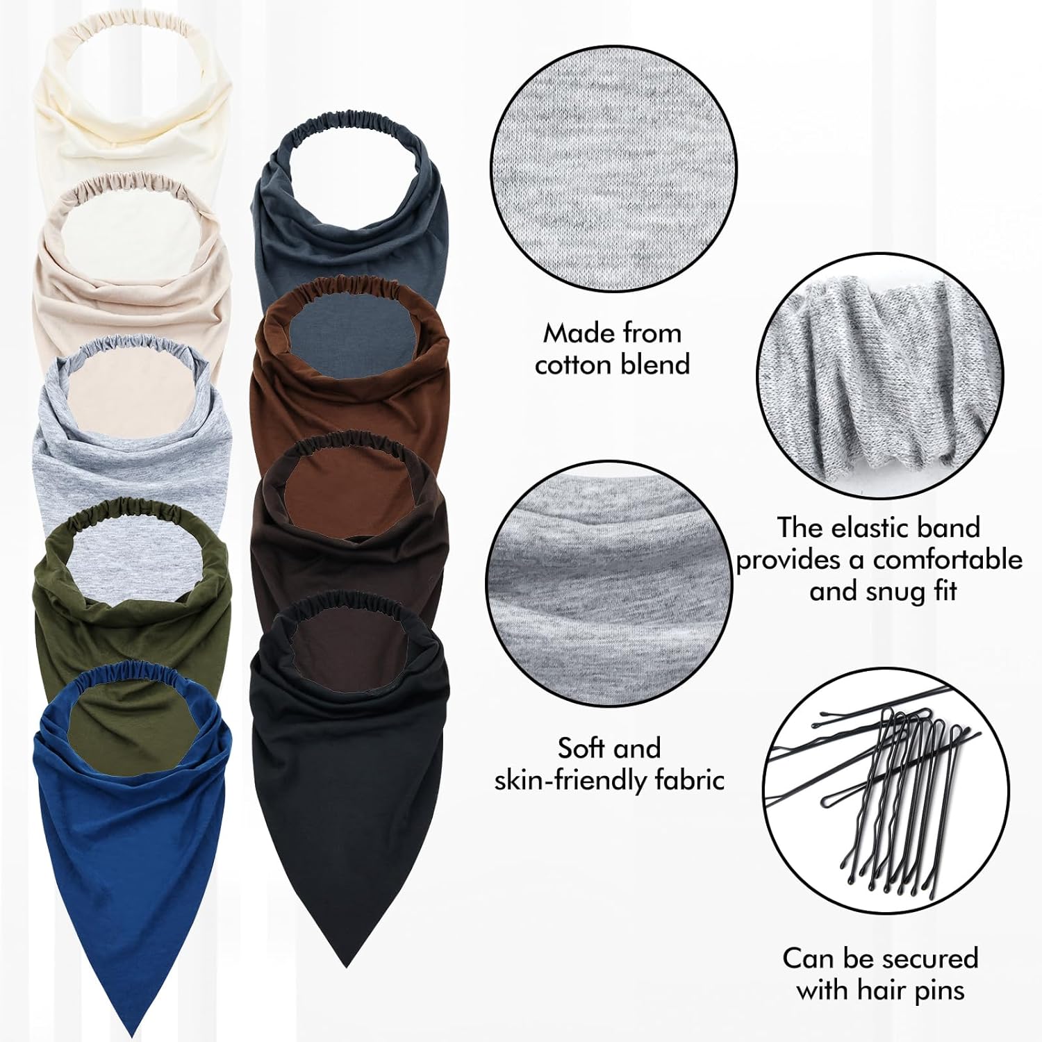 Lawie 9 Pack Solid Large Cotton Triangle Head Scarf Elastic Hair Bandana Headbands Plain Silk Head Coverings Neck Scarves Wraps Blank Headscarf