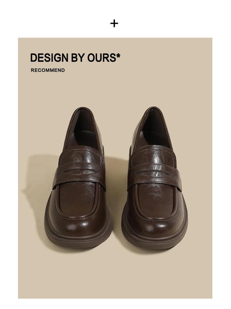 Dames Vaskbare Britisk Retro Ekte Skinn Chunky Hæl Loafers