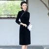 Slim Fit Black Dress Women Vintage Chinese Style Long Sleeve Midi Wear