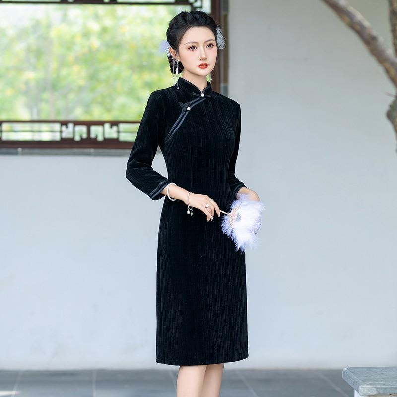 Slim Fit Black Dress Women Vintage Chinese Style Long Sleeve Midi Wear