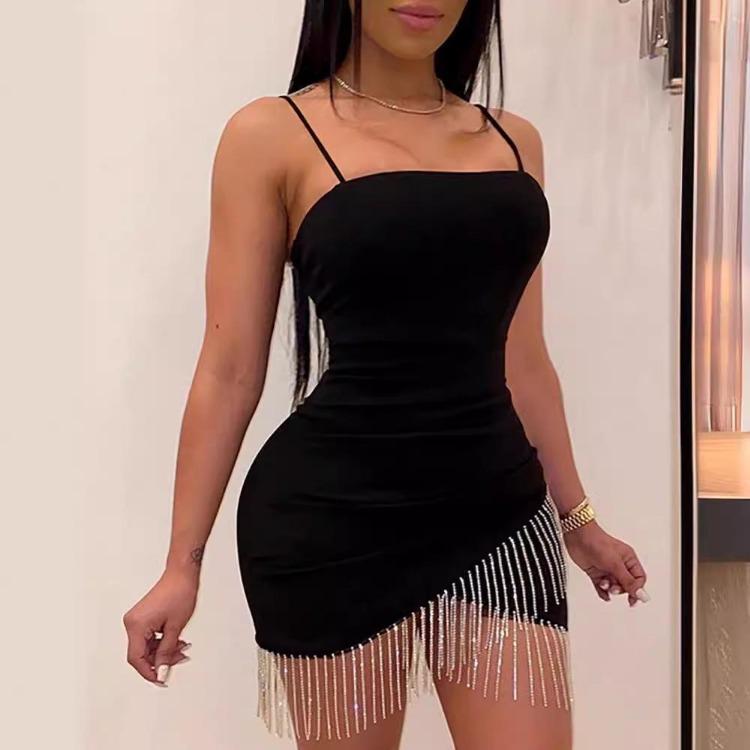 

Sexy Bodycon Dress for Women Summer Sleeveless Party Night Mini Pencil Dress Elegant Birthday Tassel Split Short Dresses XL чорний