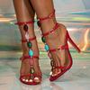 Summer Bohemian Style String Bead Round Head Women Heels Sandalias Sexy PU Mixed Colors Narrow Band Buckle Strap Party Shoes