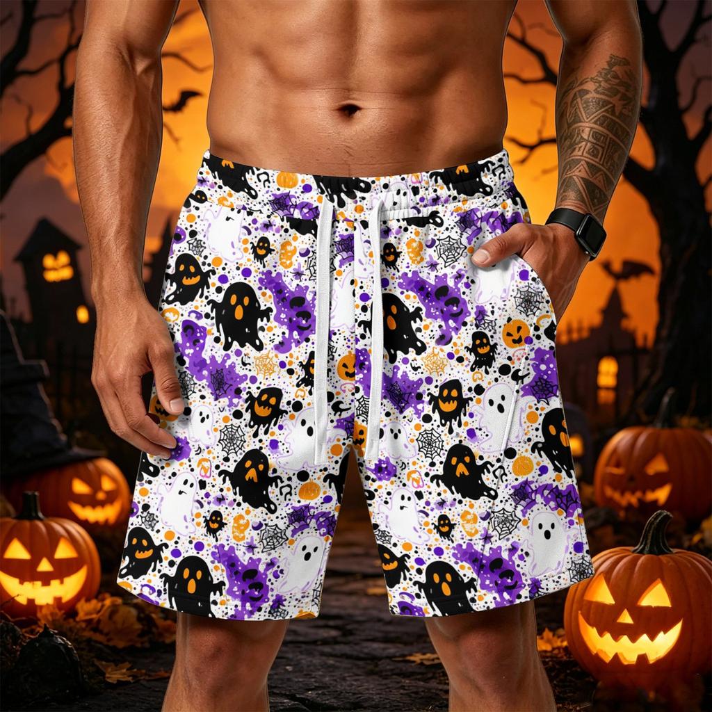 Men's Loose Fit Halloween Themed Shorts with Drawstring Waist and Multiple Pockets Casual Sport Shorts for Everyday Wear