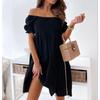 Damen Casual Off Shoulder Minikleid Sommer Damen Reine Farbe Slash Neck Kurzarm Partykleider