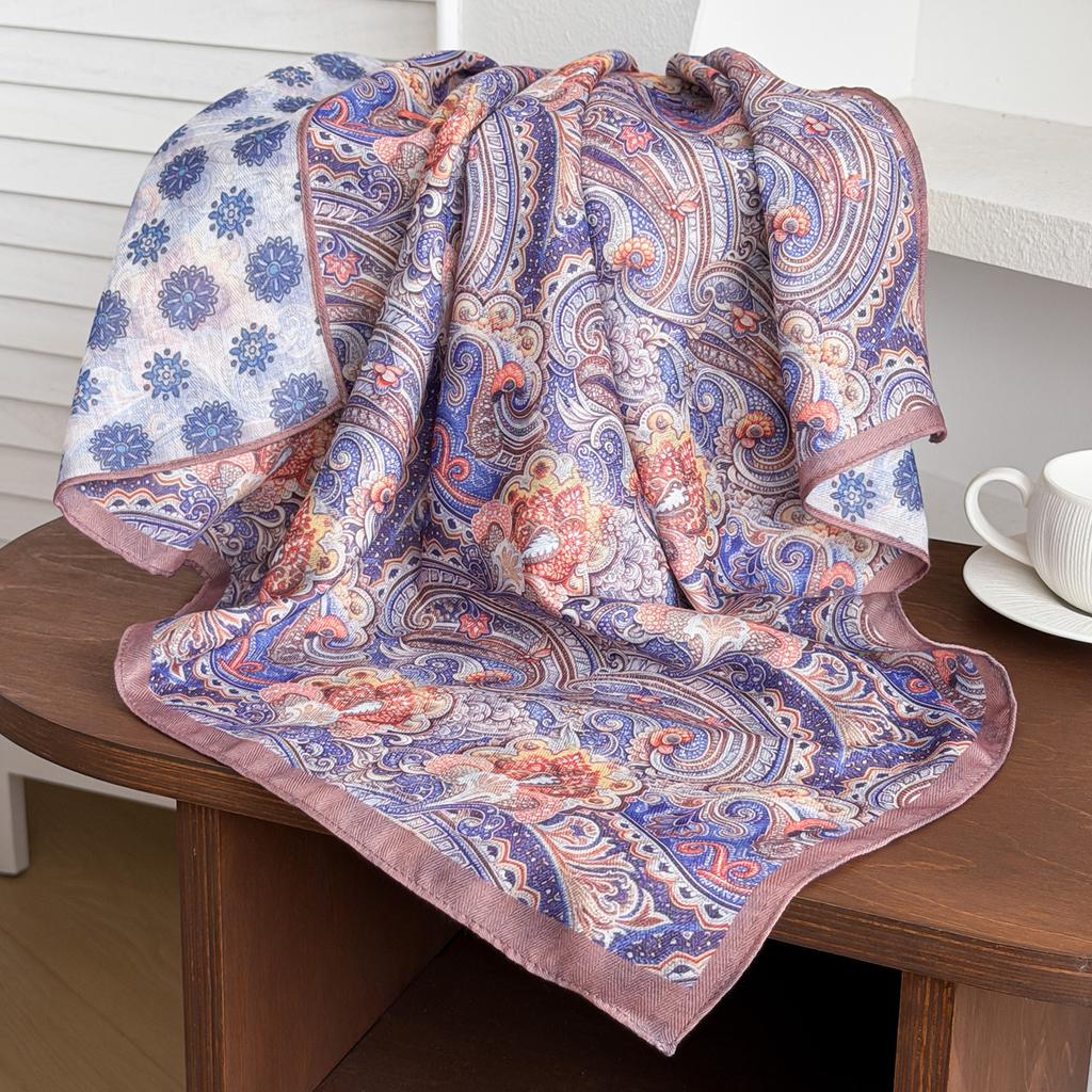 Dunhuang purple cashew flower silk scarf 71, imitation silk small square scarf for women, Spring and Autumn ethnic style headscarf, neck guard