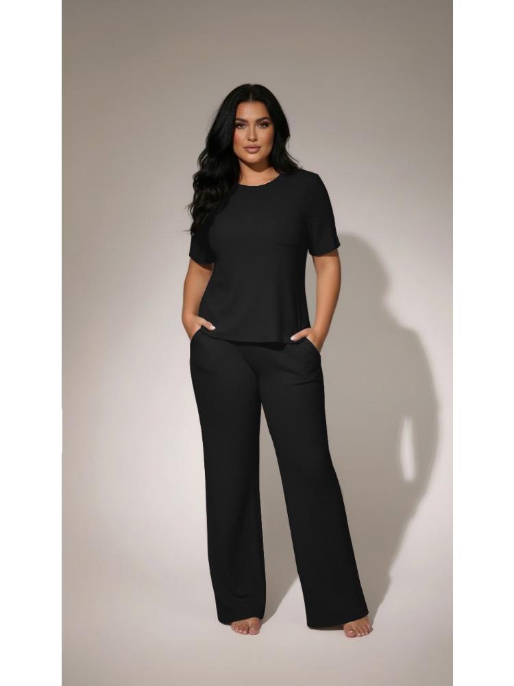Women 2 Piece Casual Set Short Sleeve Long Pants Textured Waffle Set For Women