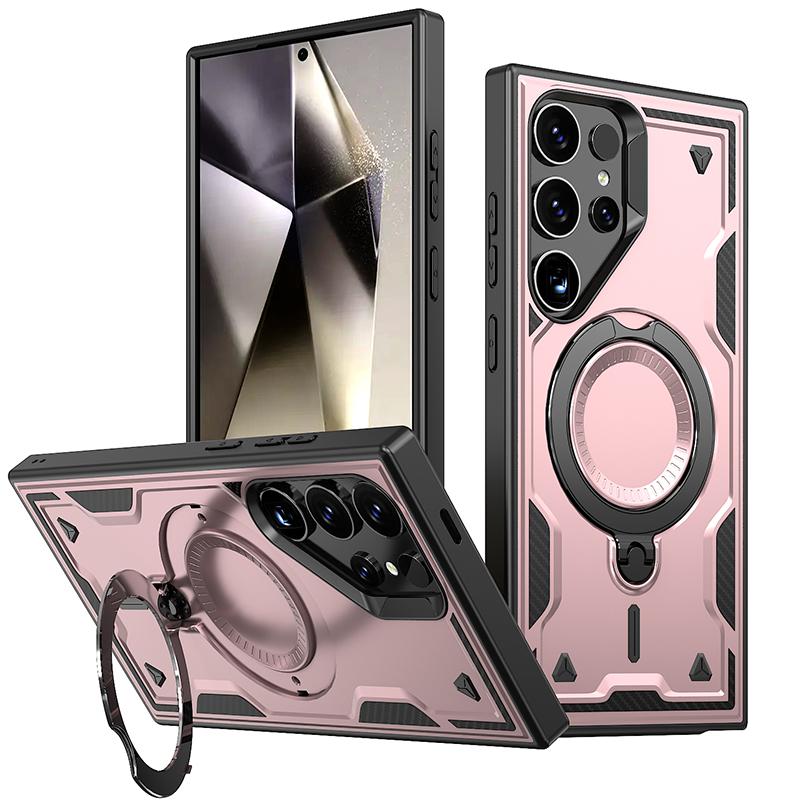 For Magsafe Magnetic 360°Rotat Metal Car Bracket Hard PC+Soft TPU Solid Color Armor Phone Case For Samsung S26 Ultra S26Plus S26