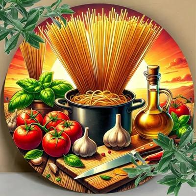 Vintage italská kuchyně Kovové nástěnné umění Kulaté Špagety Rajče Kuchyňská dekorace Dárek