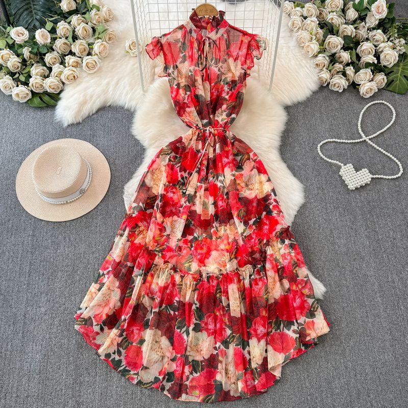

French Style Retro Elegant Fancy Floral Dress Women s Summer New Arrival Tight Waist Slimming Flounce Chiffon Dress Apricot red Print on white background All yards