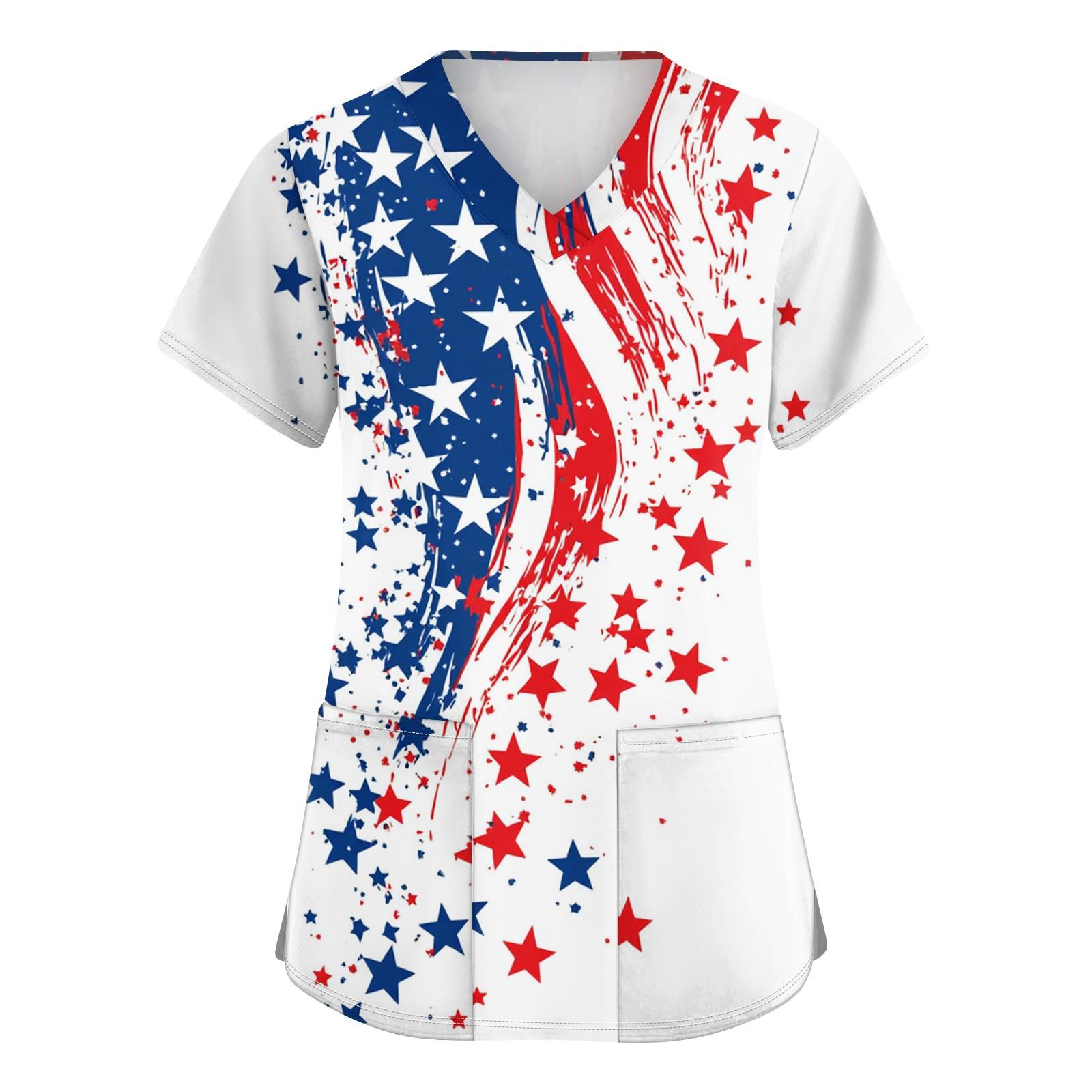 

Женская мода V-образный вырез короткий рукав рабочая одежда с карманами День независимости принтованные топы XL винный