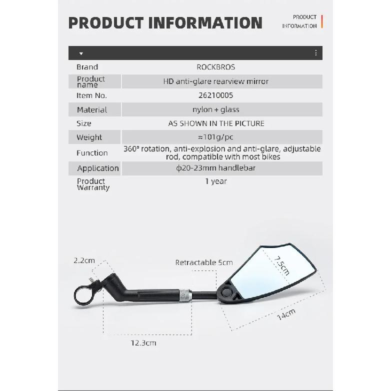 ROCKBROS Bicycle Rearview Mirror Universal Wide-Range 360° Adjustable Mirror For Mountain Road Bike Motorcycle Scooter Safety