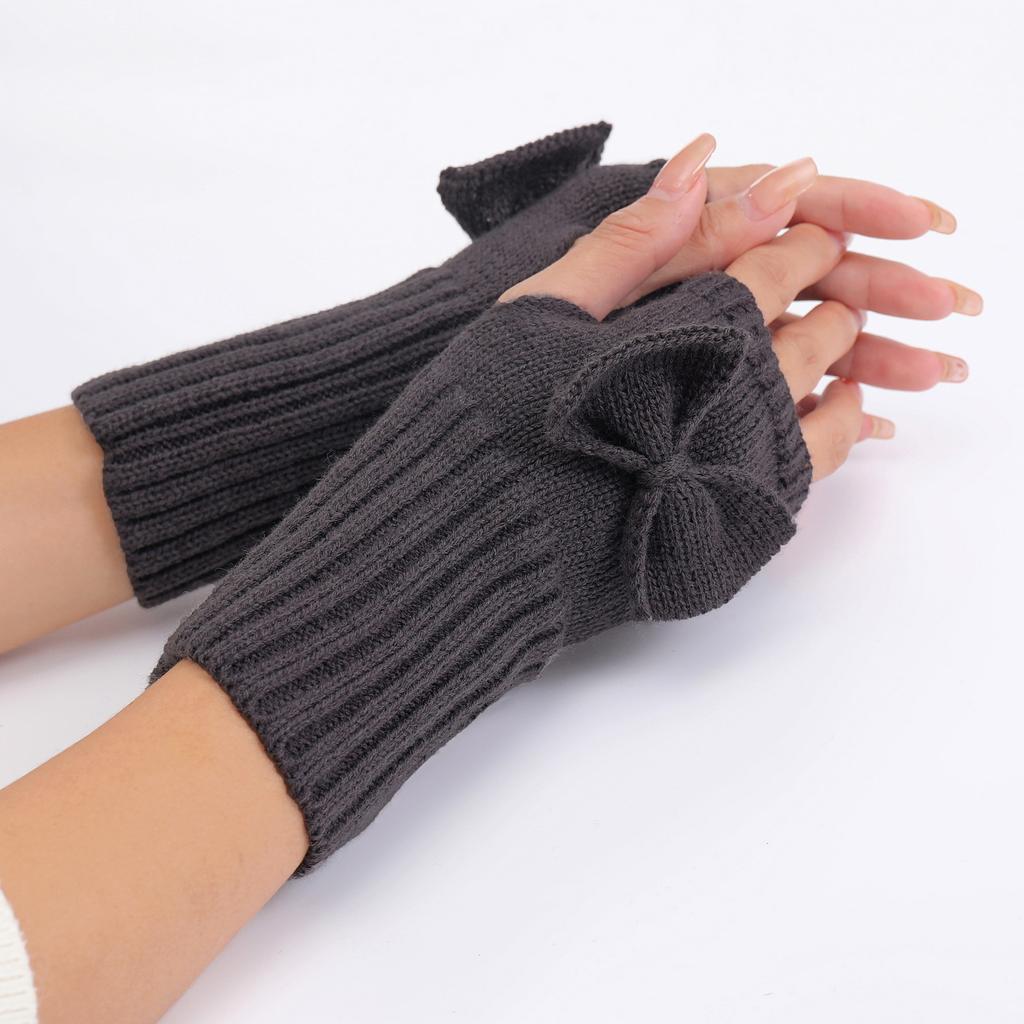 Short Bow Gloves New Autumn and Winter Girls' Cute Wrist Guards Knitted Woolen Warm Finger Exposing Sleeves