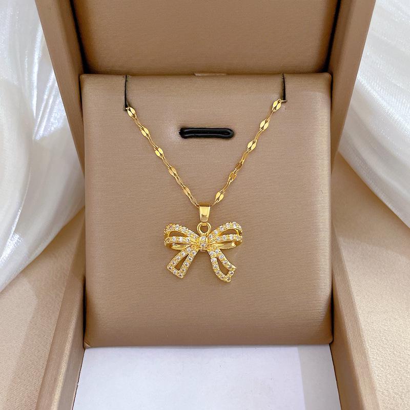 Titanium Steel Micro-Inlaid Gold Plated Women's Lucky Bead Necklace - Trendy Clavicle Chain Accessory