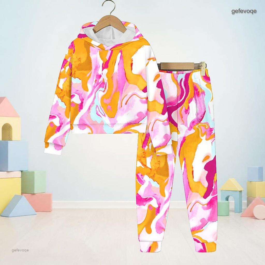 Kids Boys Girls Hooded Long Sleeve Striped Printed Sweatshirt Cuffed Pants Two Piece Set