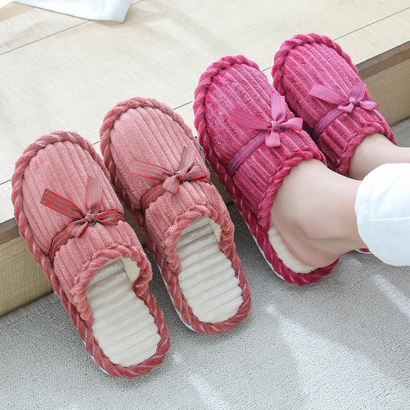 Bow cotton slippers women and men winter couples home non-slip fluffy warm floor mop corduroy slippers