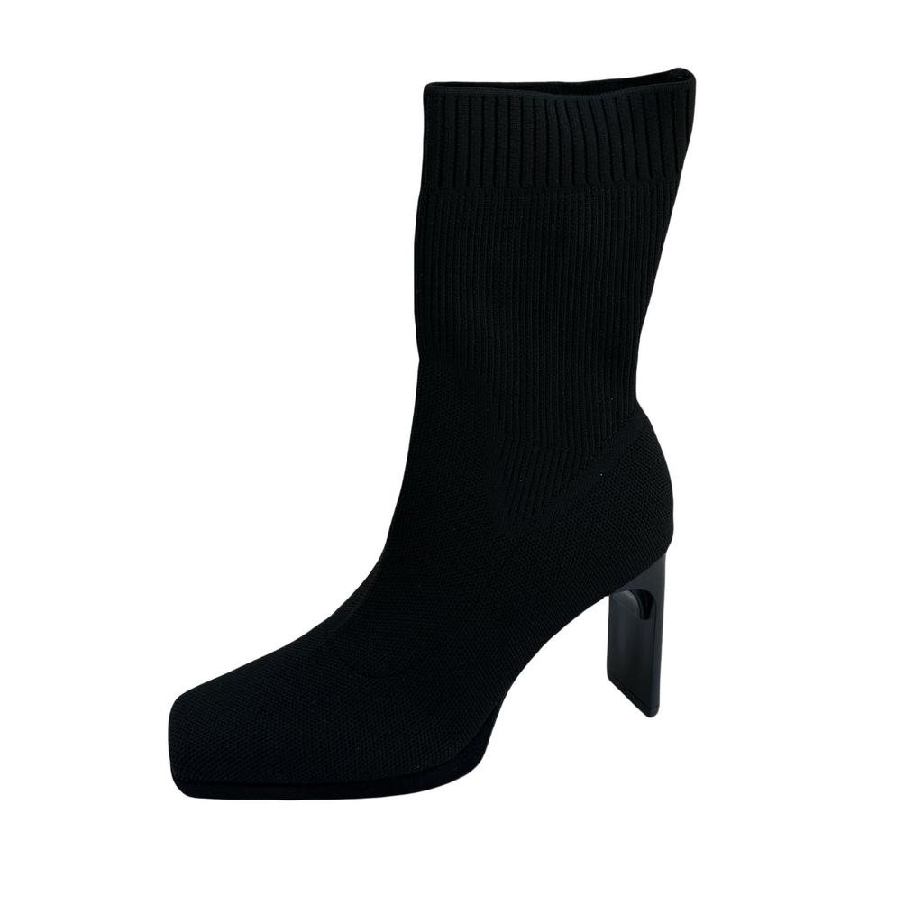 Bottes chaussettes à talons hauts à talons épais à bout carré pour femmes automne et hiver 2025 nouvelles bottes élastiques tricotées bottes en laine mi-mollet slim pour femmes