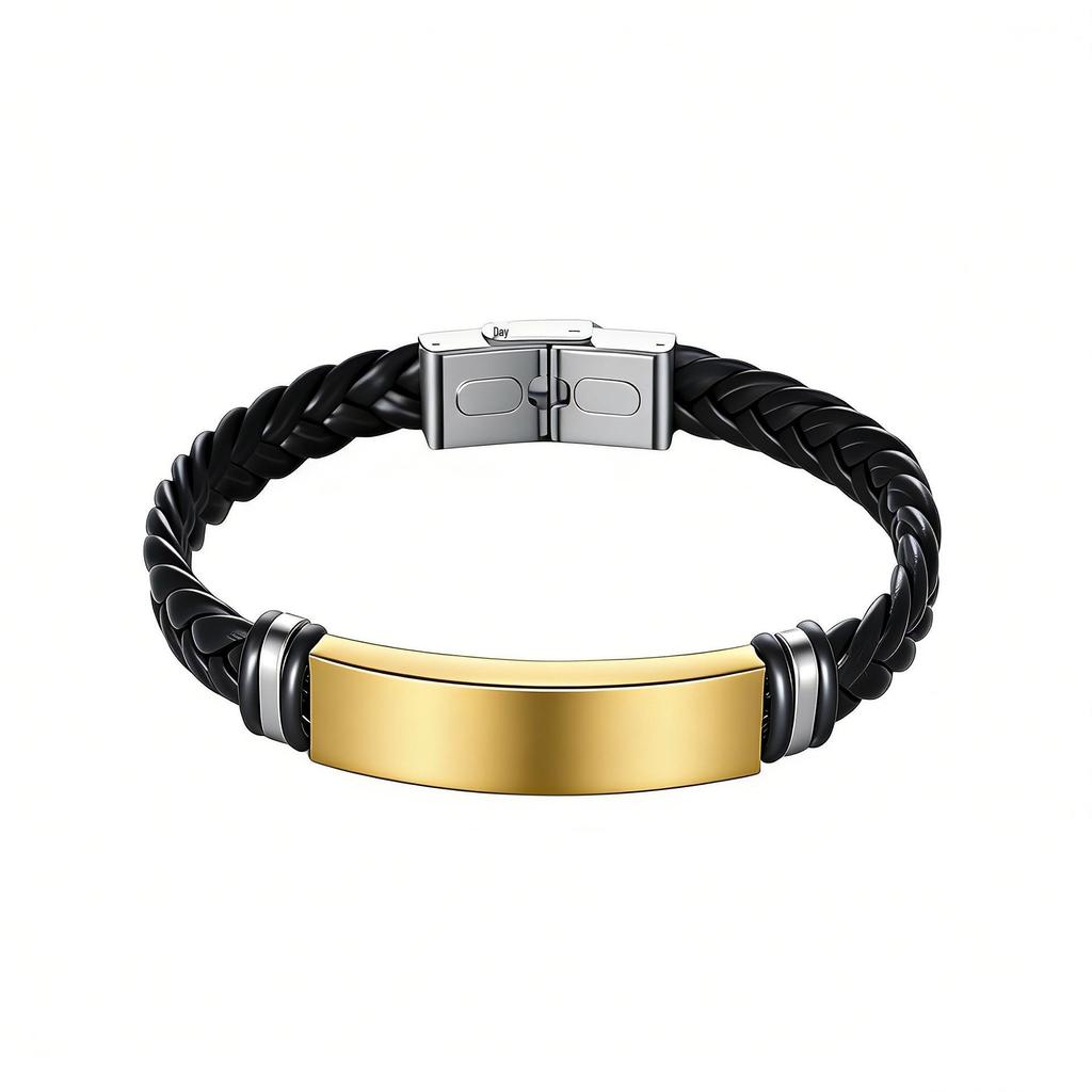 European & American Minimalist Braided Leather Bracelet with Engravable Stainless Steel Plate