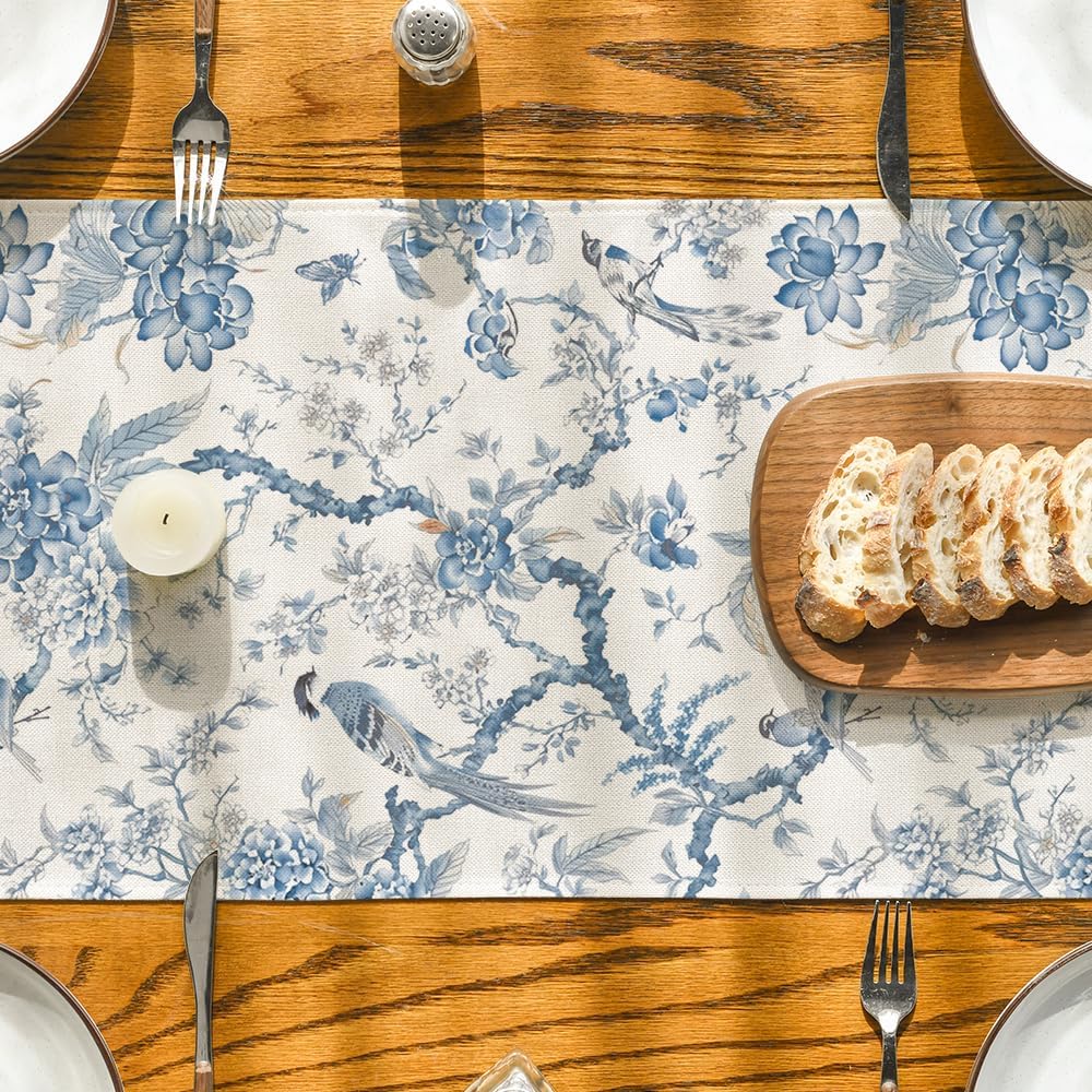 Artoid Mode Peacock Flower Chinoiserie Pompon Fall Table Runner, Seasonal Modern Kitchen Dining Table Decoration for Home Party Decor 13x48 Inch