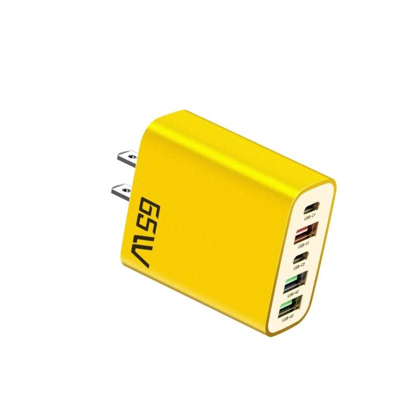 

MultiPort PD65W Fast Charger Block 5V3A Power Delivery Compactly Wall Charging Plugs With 2 USB C 3 USB A Ports жовтий