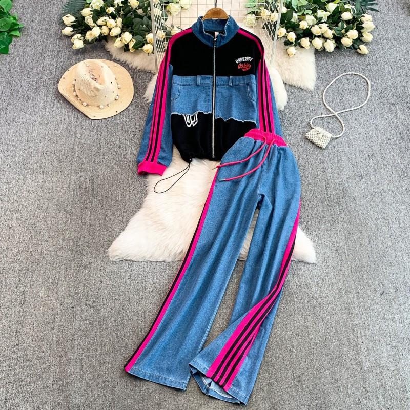 Womens Denim Zip-Up Jacket With Embroidered Letter Patch Wide-Leg Pants Set Winter Casual Outfit