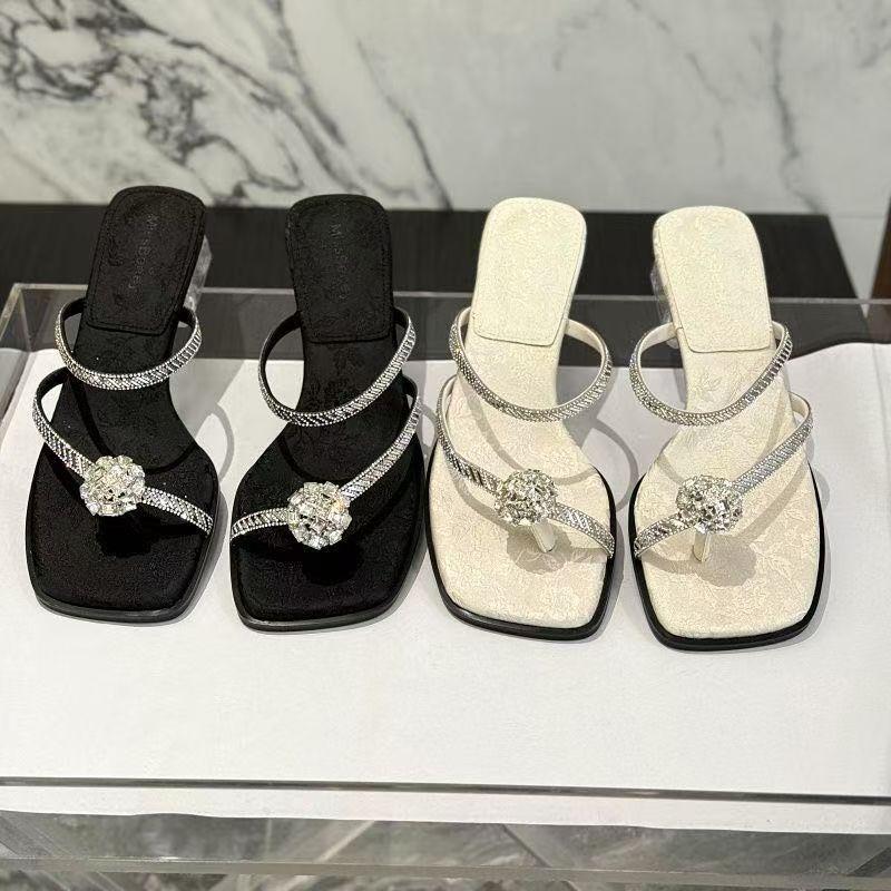 Women's new high-heeled thick-heeled crystal toe elegant embroidery fashion cool slippers women