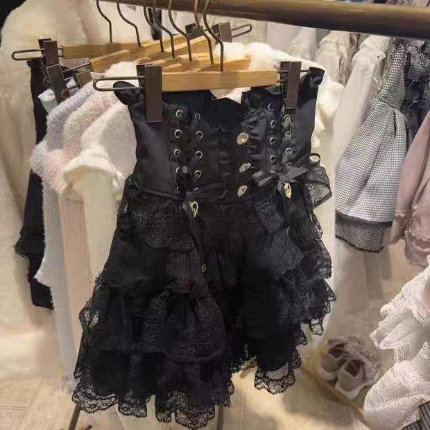Japanese Sweet Lolita Style Mini Skirt Women Elegant Lace Bandage Party Cake Skirts Female Gothic Y2k Metal Buckle Skirt