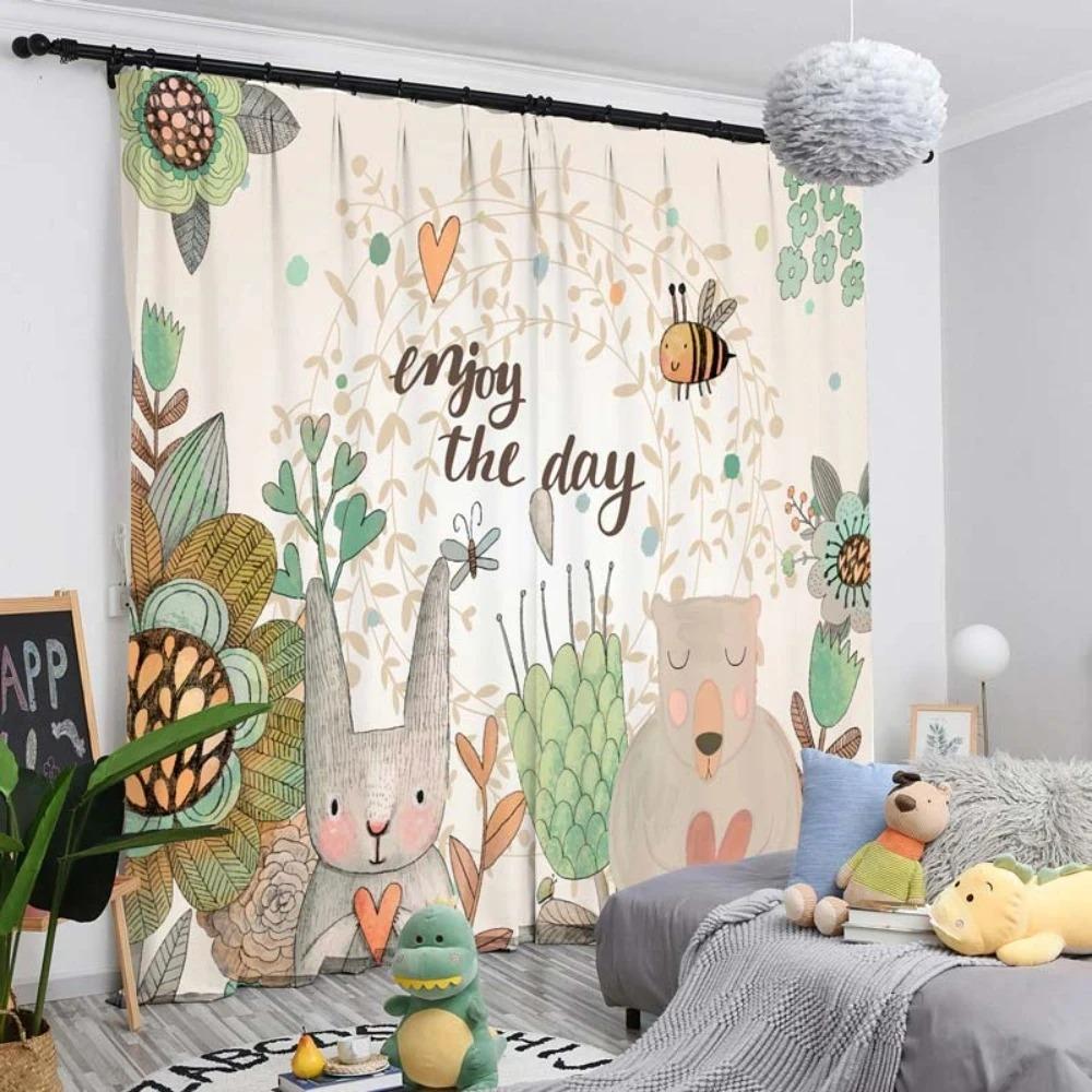 Cute Cartoon Green Forest Wildlife Thick Blackout Curtain Bedroom Living Room Window High Shading Drape 2 Pieces New Pattern