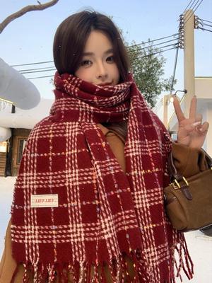Mode Rétro Hiver Femme Écharpe Tricotée Foulard Cheveux Décontracté Preppy Carreaux Franges Écharpe Dame Femme Châle Enveloppant Coréen Nouveau Noël