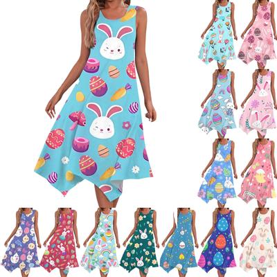 Robe Midi Décontractée Mode Femme Col Rond Sans Manches Imprimé Pâques Ourlet Irrégulier